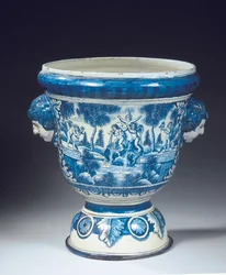 Stor Delft blå og hvid mytologisk haveurne i barokstil, ca. 1700 (keramik)