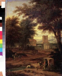 Italiensk landskab med pilgrimme Maleri af Adriaen Frans Boudewijns (1644-1711) Pushkin Museum, Moskva