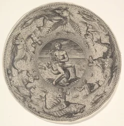 Arion på en delfin omgivet af en grænse dekoreret med havdyr, fra et sæt af..., 1580-1600.