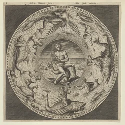Design til en tallerken med Arion, der rider på en delfin i en medaljon omkranset af havmonstre..., c1600.
