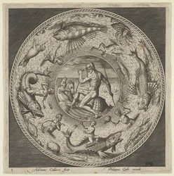 Design til en tallerken med Neptun i en skal tegnet af heste i en medaljon omkranset af ..., c1600.