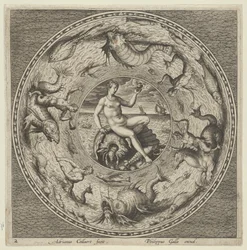 Design til en tallerken med Thetis på en skal i en medaljon omkranset af havmonstre, c1600.