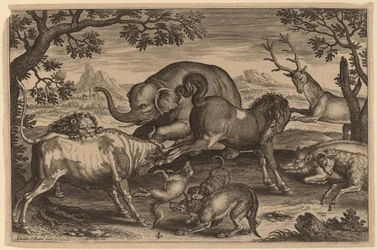 Løve, tyr, ræv, ulv, hund, boer, ged, hest, elefant og hjorte