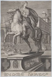 Plade 12: rytterstatue af Domitian, set tre fjerdedele til venstre, med hans ..., ca. 1587-89.