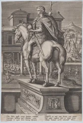 Plade 2: rytterstatue af Augustus, der holder en globus og set bagfra, med ..., ca. 1587-89.