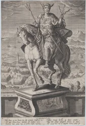Plade 4: rytterstatue af Caligula, set tre fjerdedele til venstre, iført en ..., ca. 1587-89.