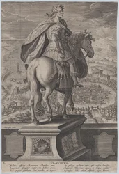 Plade 5: rytterstatue af Claudius, set bagfra, en flådekonkurrence ved ri..., ca. 1587-89.