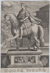 Plade 7: rytterstatue af Galba, i profil til venstre, med en halshugningsscene..., ca. 1587-89.