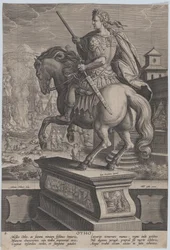 Plade 8: rytterstatue af Otho, set bagfra, hans dødsscene i baggrunden..., ca. 1587-89.