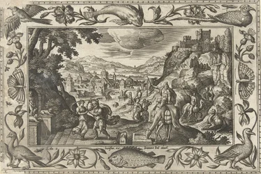 Rebekka og Eliezer ved brønden Landskaber med bibelske, mytologiske scener og jagtscener (serietitel)