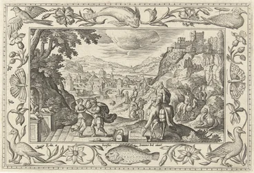 Rebekka og Eliezer ved brønden Landskaber med bibelske, mytologiske scener og jagtscener (serietitel)