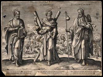 Sankt Peter apostlen, Sankt Andreas apostlen og Sankt Jakob den Ældre. Gravure.