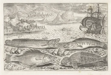 Fire fisk på stranden Fiskeri (serietitel) Piscium vivae-ikoner (serietitel)