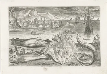 Fire fisk på stranden Fiskeri (serietitel) Piscium vivae-ikoner (serietitel)
