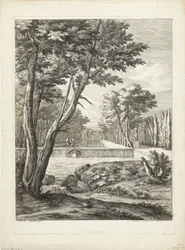 Landskab med to mænd ved et springvand