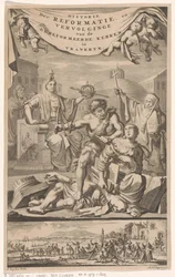 Fransk reformert kirke angrebet af mand med svøbe Titelside for: E. Benoist, History of the Reformed Churches of Vrankrijk, 1696