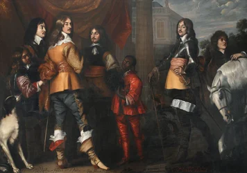 Gruppeportræt af Willem Frederik van Nassau-Dietz (1613-1664), Hendrik Casimir I van Nassau-Dietz (1612-1640), Hendrik van Nassau-Siegen (1611-1652) og George Frederik van Nassau-Siegen (1606-1674), med tjenere