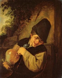 En bonde holder en kande og et rør, ca. 1650-55 (olie på egetræspanel)