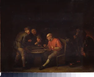 Flemings spiller terninger. (Flemings spiller terninger). Maleri af Adriaen Jansz van Ostade (1610-1685). hollandsk skole. Olie på lærred. Gatchina Palace Museum, Sankt Petersborg.