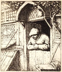 Mand, der læner sig op ad sin dør, ca. 1672 (radering)