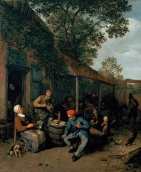Bønder, der ryger og fester uden for et værtshus, 1676