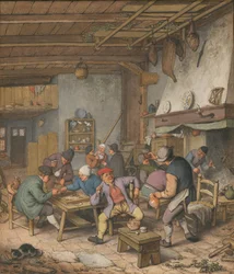 Værelse i en kro med bønder, der drikker, ryger og spiller backgam, 1678