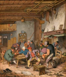 Værelse i en kro med bønder, der drikker, ryger og spiller backgammon - Værk af Adriaen Jansz van Ostade (1610-1685) Blyant, kridt og akvarel på papir