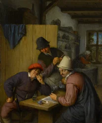 Tre drikkende og rygende bønder i et værtshus, 1666-67