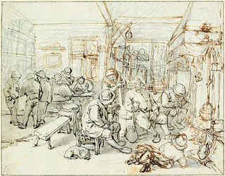 En gruppe bønder i et værtshus (Company of Peasants in a Tavern) - Tegning af Adriaen Jansz van Ostade (1610-1685), blyant og indisk blæk på papir, ca. 1675 - Albertina, Wien (Østrig)