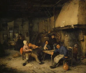 Violinspiller og drikkende bønder i et værtshus, 1663