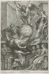 Allegorisk titelblad med den nedslåede Envy Titelside for: C. Hazart, Kerckelycke historie, 1669