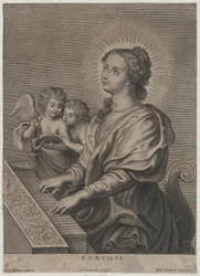 Sankt Cecilia spiller orgel med to putti til venstre, ca. 1654-77.