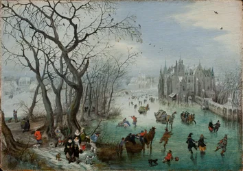 Vinterlandskab med skatere nær et slot, 1615
