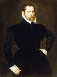Portræt af en herre, trekvart figur, iført sort dragt med hvid pibekrave, 1564