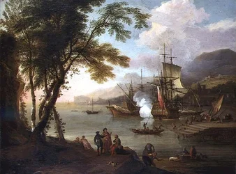 En capriccio af en middelhavshavn med skibsfart, købmænd og havnearbejdere