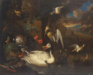 Vilde fugle i et landskab og figurer (olie på lærred)