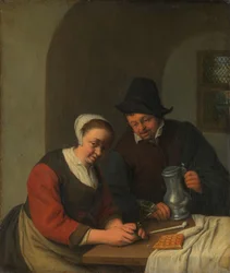 En fortrolig chat Et par i et interiør