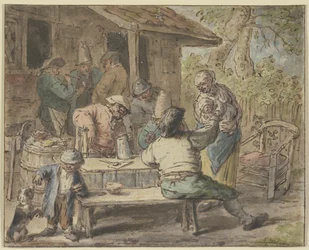 Bønder med børn foran et hus