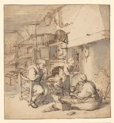 Bondefamilie omkring pejsen Bondefamilie ved et ildsted