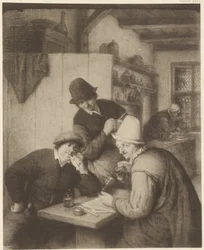 Tre bønder og en kvinde ved et bord