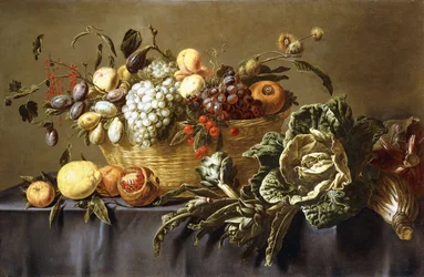 En kurv med frugt på et draperet bord, ca. 1635