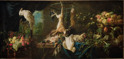Stilleben - Vildt, grøntsager, frugt, kakadue