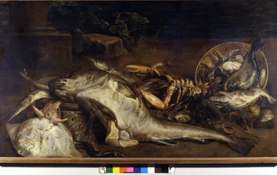 Stilleben af ​​fisk. Maleri af Adriaen van Utrecht (1599 - 1652). Milan, CR.