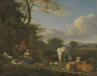 Arkadisk landskab med hvilende hyrder og dyr, 1664 (olie på lærred på panel)