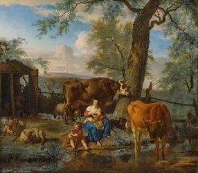 Kvæg med ammende kvinde og barn, der leger med en hund