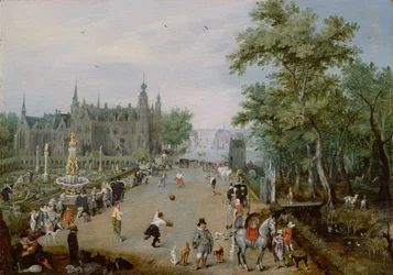 En Jeu de Paume foran et palads på landet