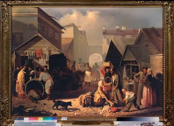 Buvette a Saint Petersburg (Refreshment Stall in St Petersburg) - Maleri af Adrian Markovich Volkov (1827-1873), olie på lærred