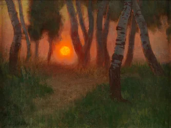 Solnedgang i et skovklædt landskab (olie på panel)