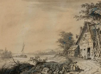 Flodlandskab med figurer ved en kro
