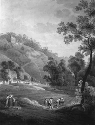 Udsigt mod slottet Pillnitz med haven og den kunstige ruin, omkring 1792